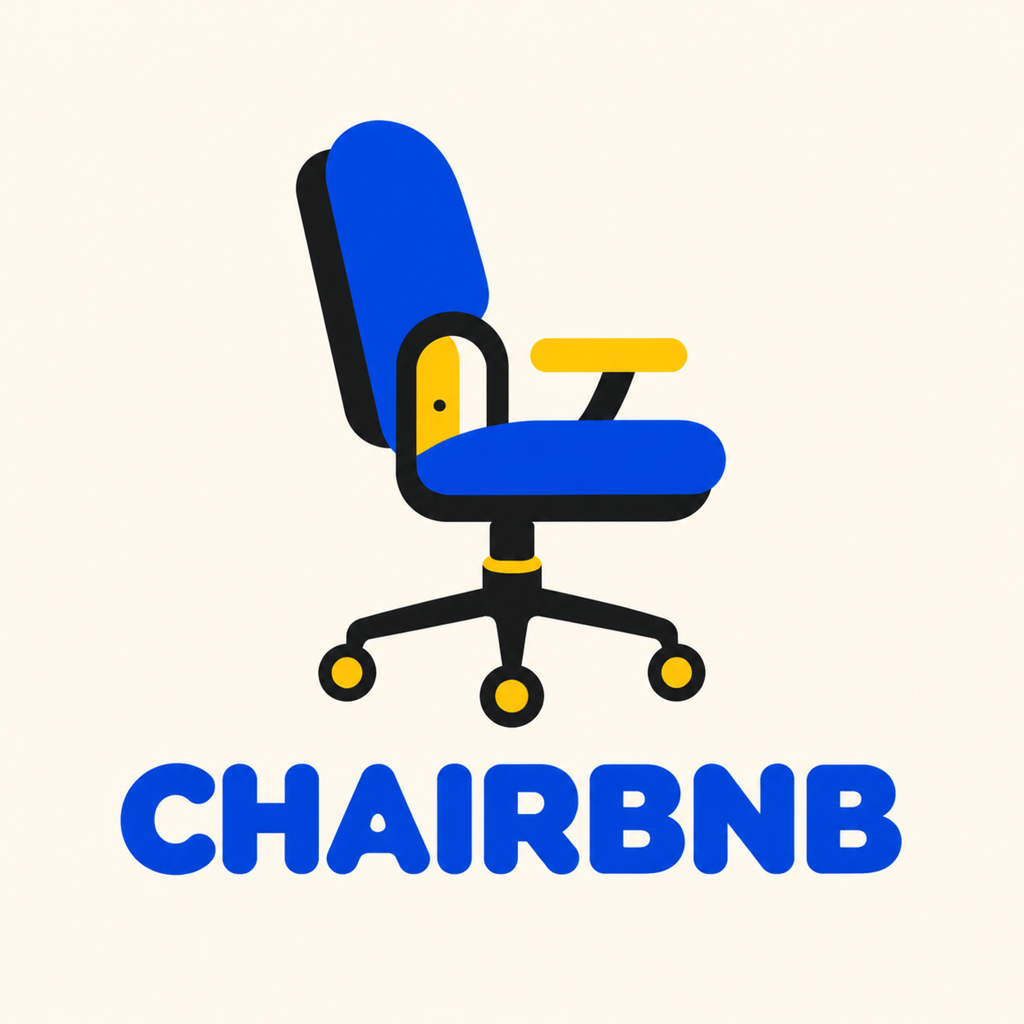CHAIRBNB identity: a blue office chair with a key hanging off it, on cream.