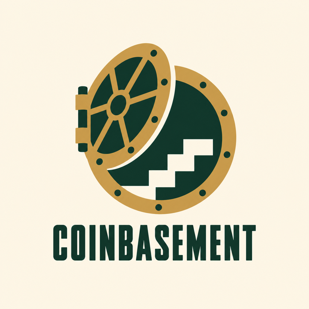 COINBASEMENT identity: a round vault door with basement stairs inside, dark green on cream.